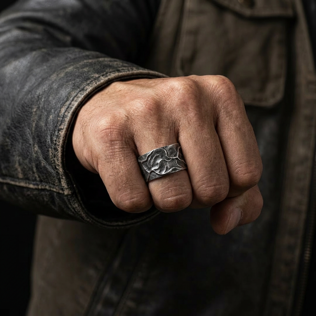 S999 Fine Silver Vintage Pattern Minimal Men Band Ring