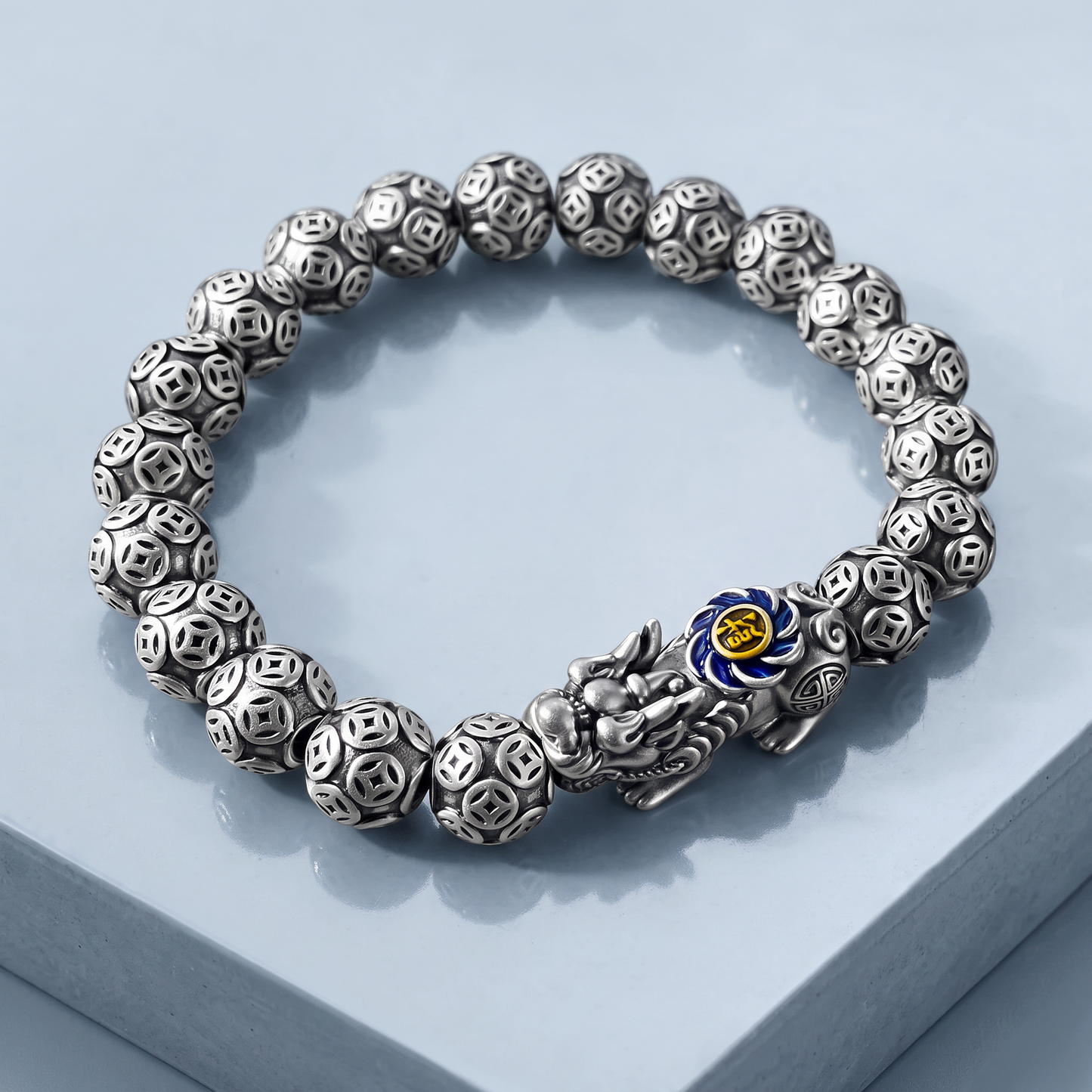 999 Fine Silver Pixiu Wealth Coin Feng Shui Charm Beads Bracelet Unisex Men and Women