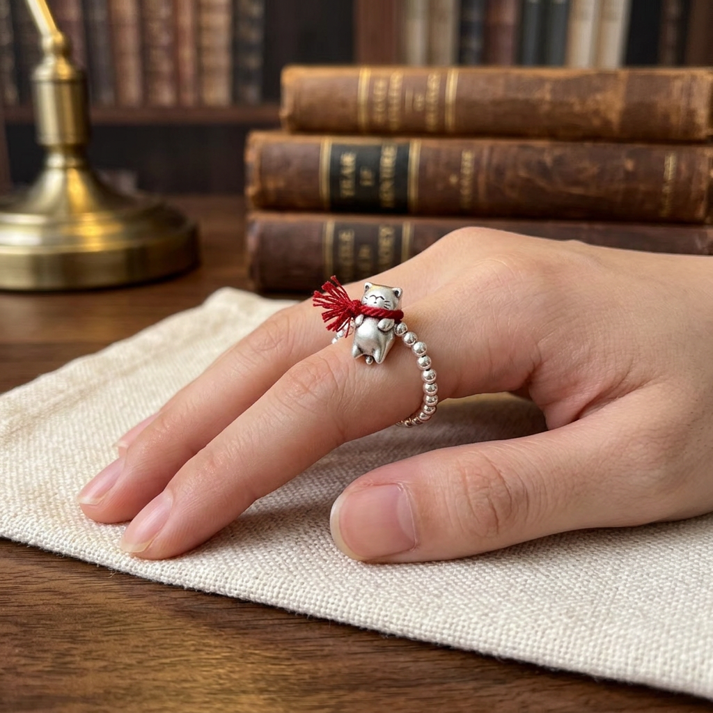 s999 Fine Silver Kitty Cat with Red Braided Scarf Beads Ring
