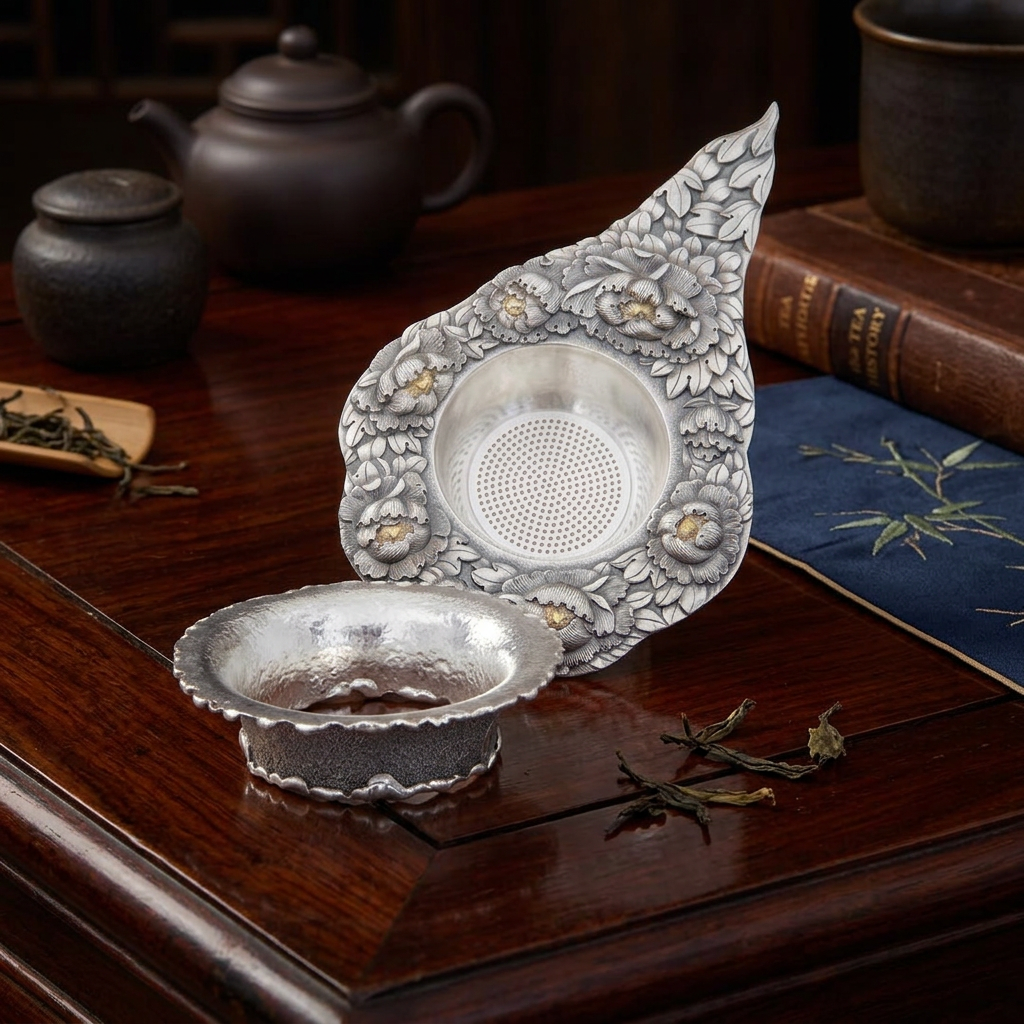 s999 Fine Silver Peony Flower Tea Strainer Hand-engraved Base Set