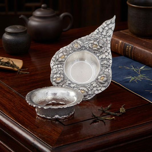 s999 Fine Silver Peony Flower Tea Strainer Hand-engraved Base Set