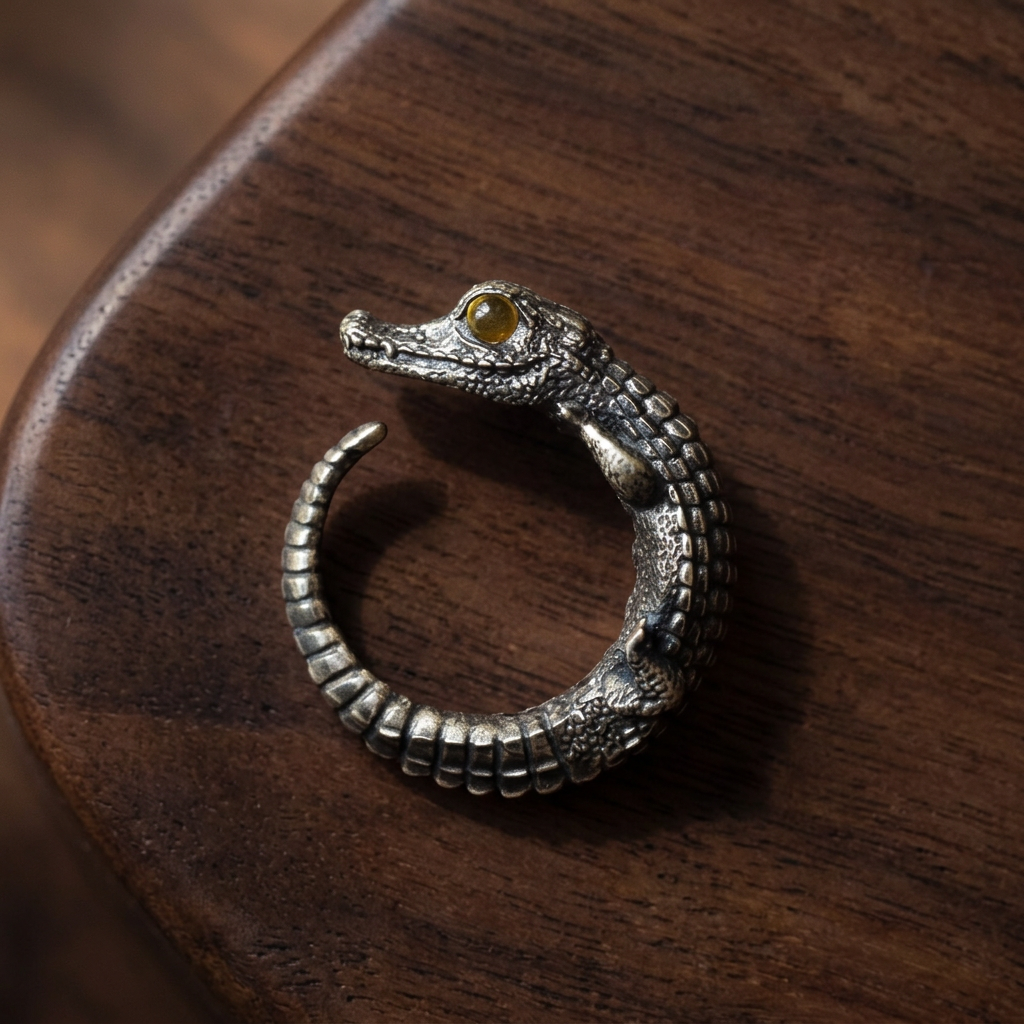 s925 Sterling Silver Vintage Crocodile Reptile Open Ring