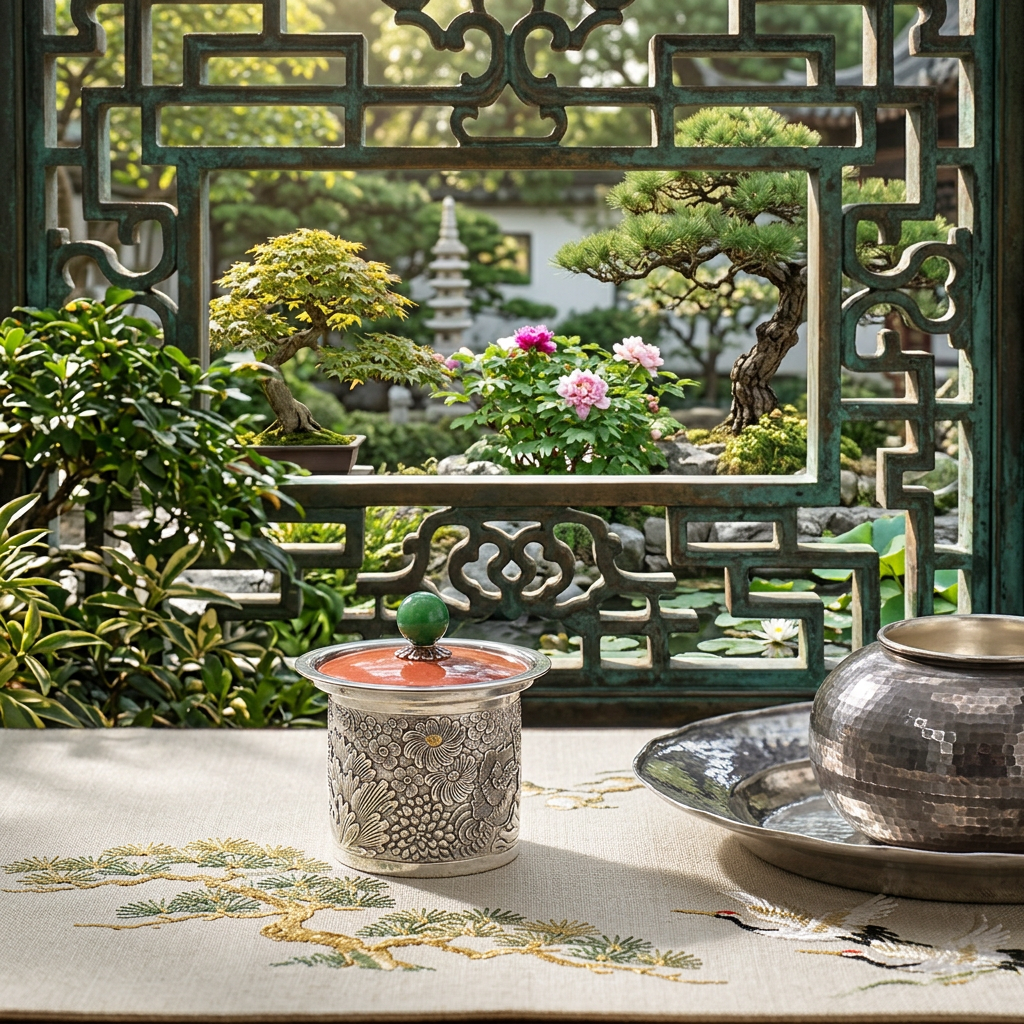 s999 Fine Silver Jade Engraved Flower Tea Pot Cover Stand Accessory