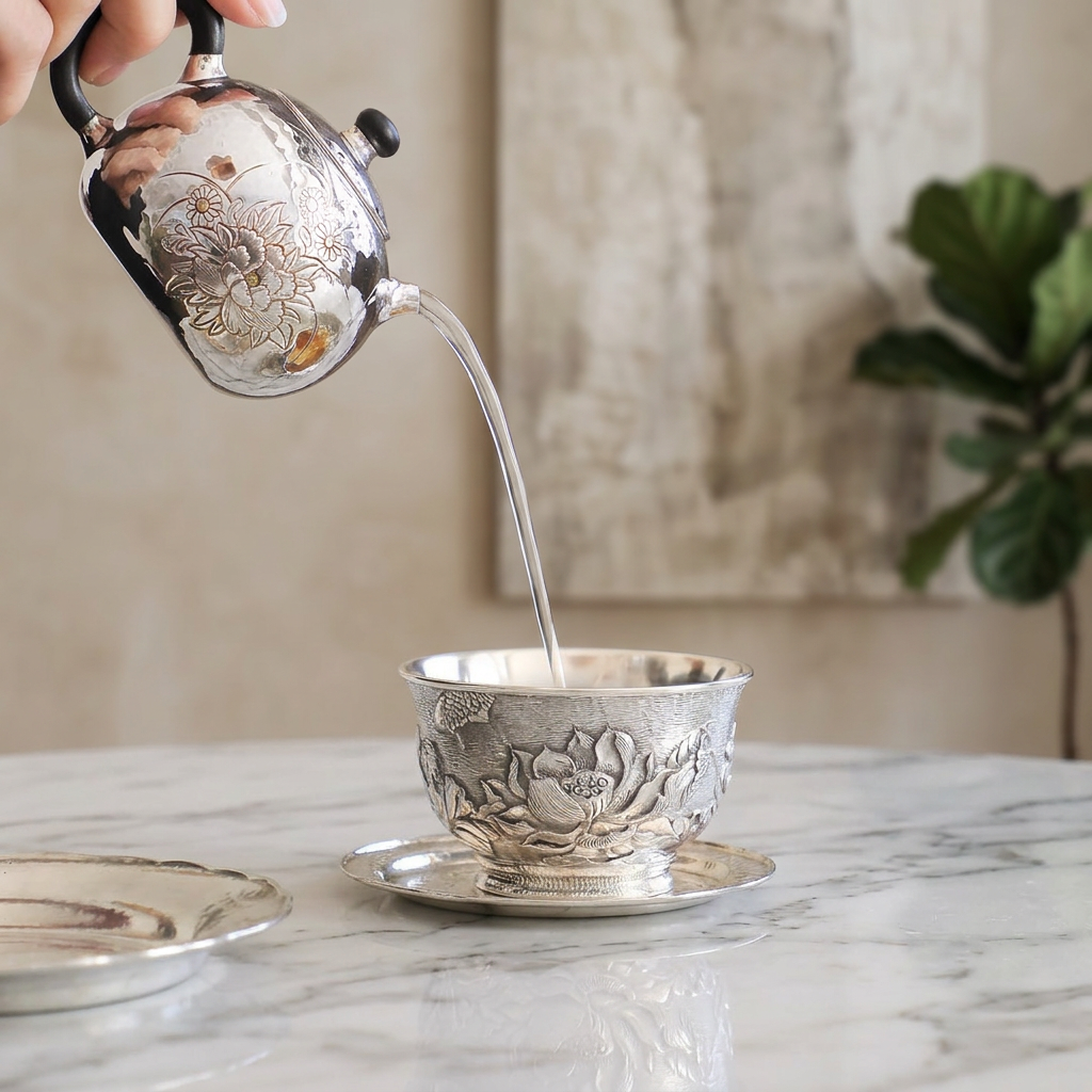 s999 Fine Silver Lotus Koi Fish Lucky Hand Engraved Tea Cup