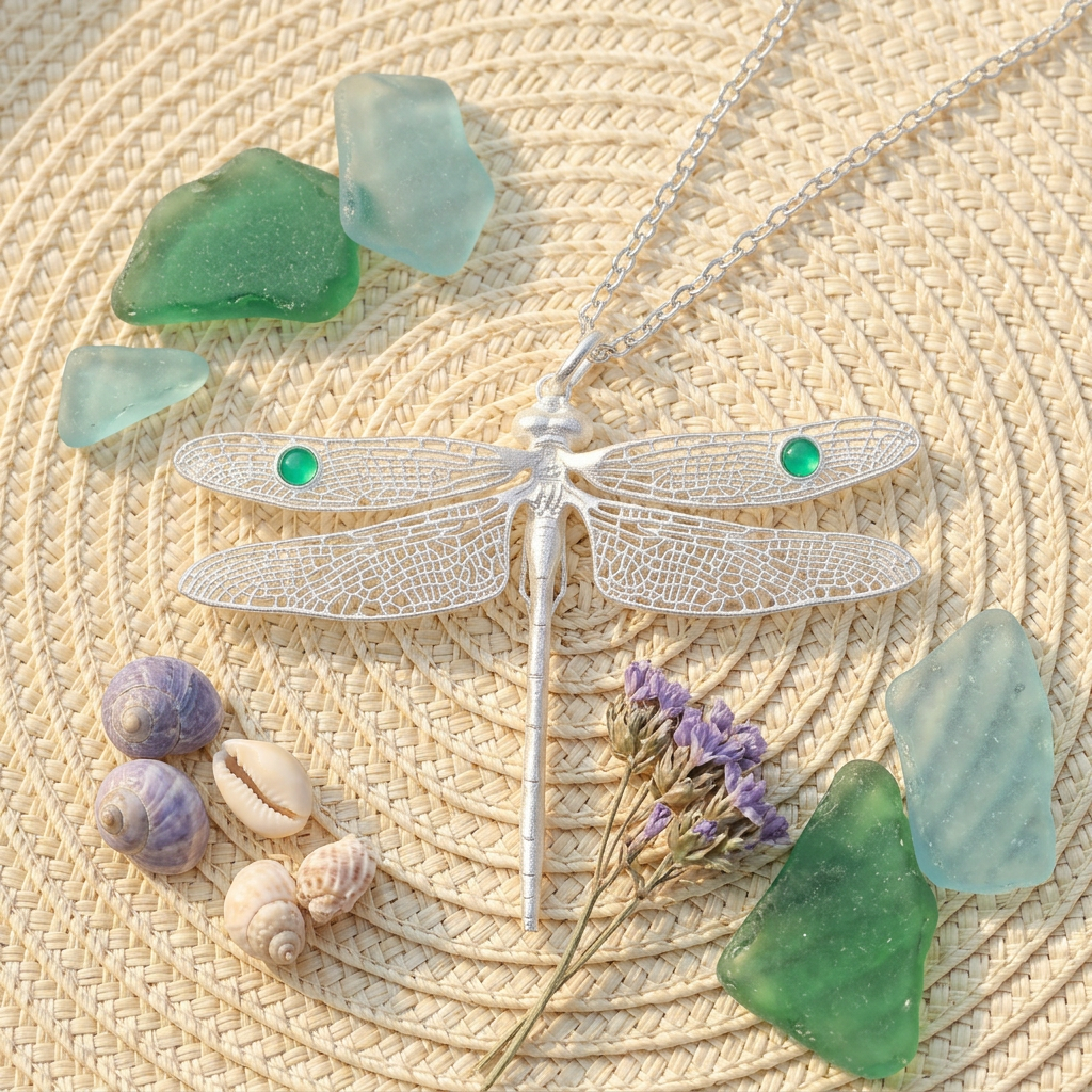 s925 Sterling Silver Filigree Dragonfly Summer Pendant Inlaid with Chrysotile