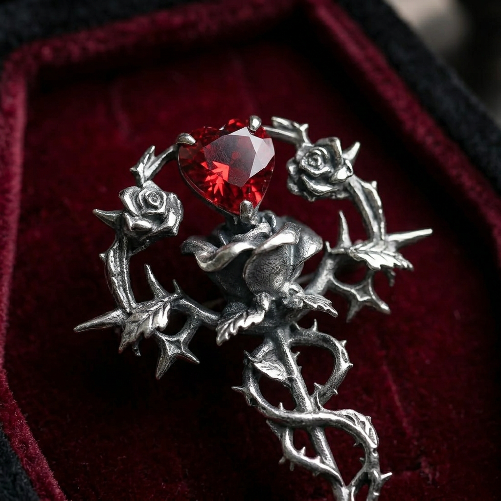s925 Sterling Silver Thorn Rose Pendant with Garnet Cross Charm Unisex Gothic style