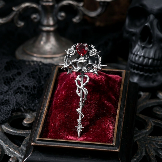 s925 Sterling Silver Thorn Rose Pendant with Garnet Cross Charm Unisex Gothic style