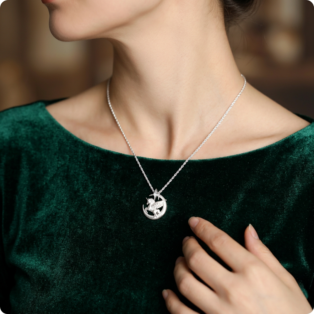 s925 Sterling Silver Moon and Unicorn Pendant Necklace