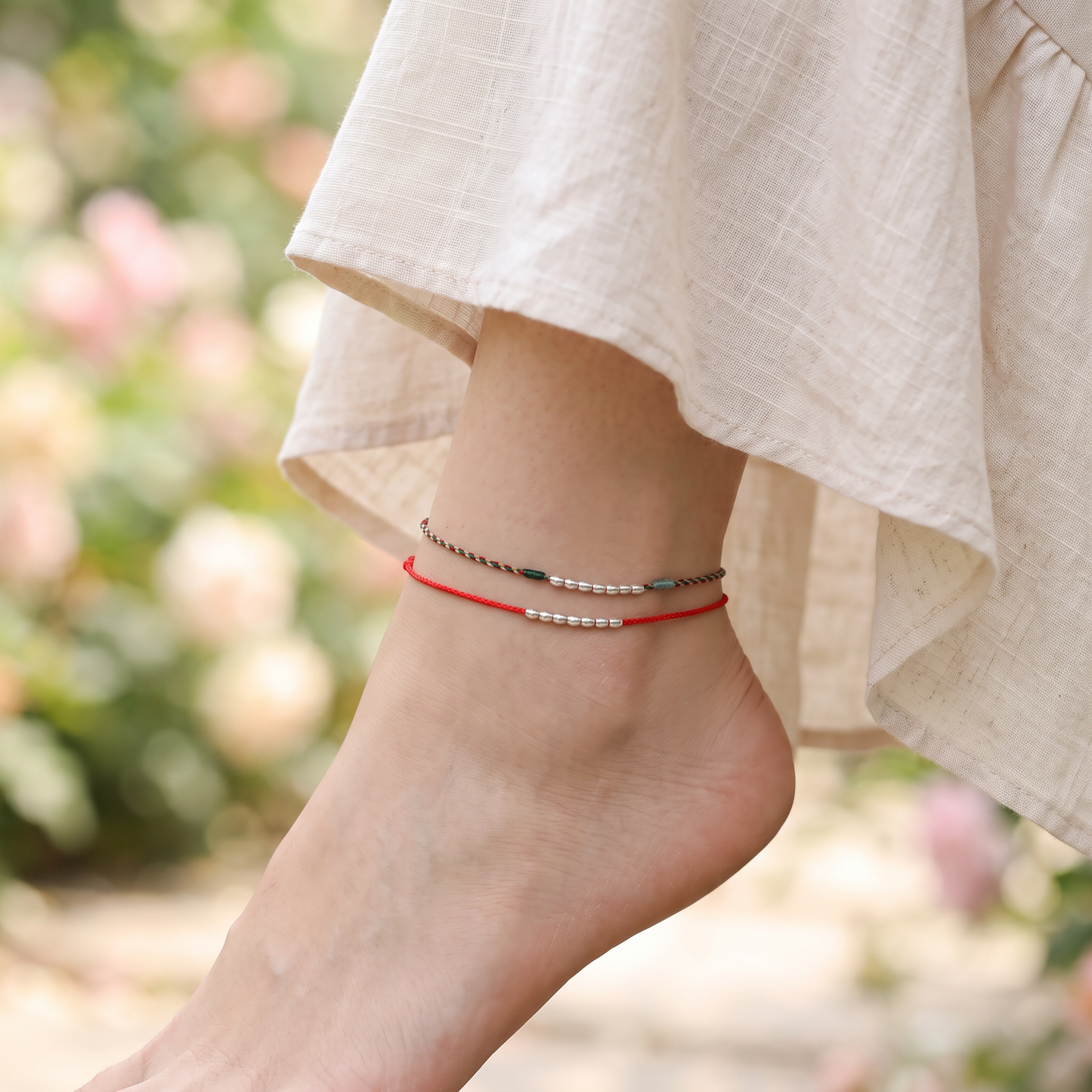 s925 Sterling Silver Rice Beads Red String Anklet Lucky Fortune Bead