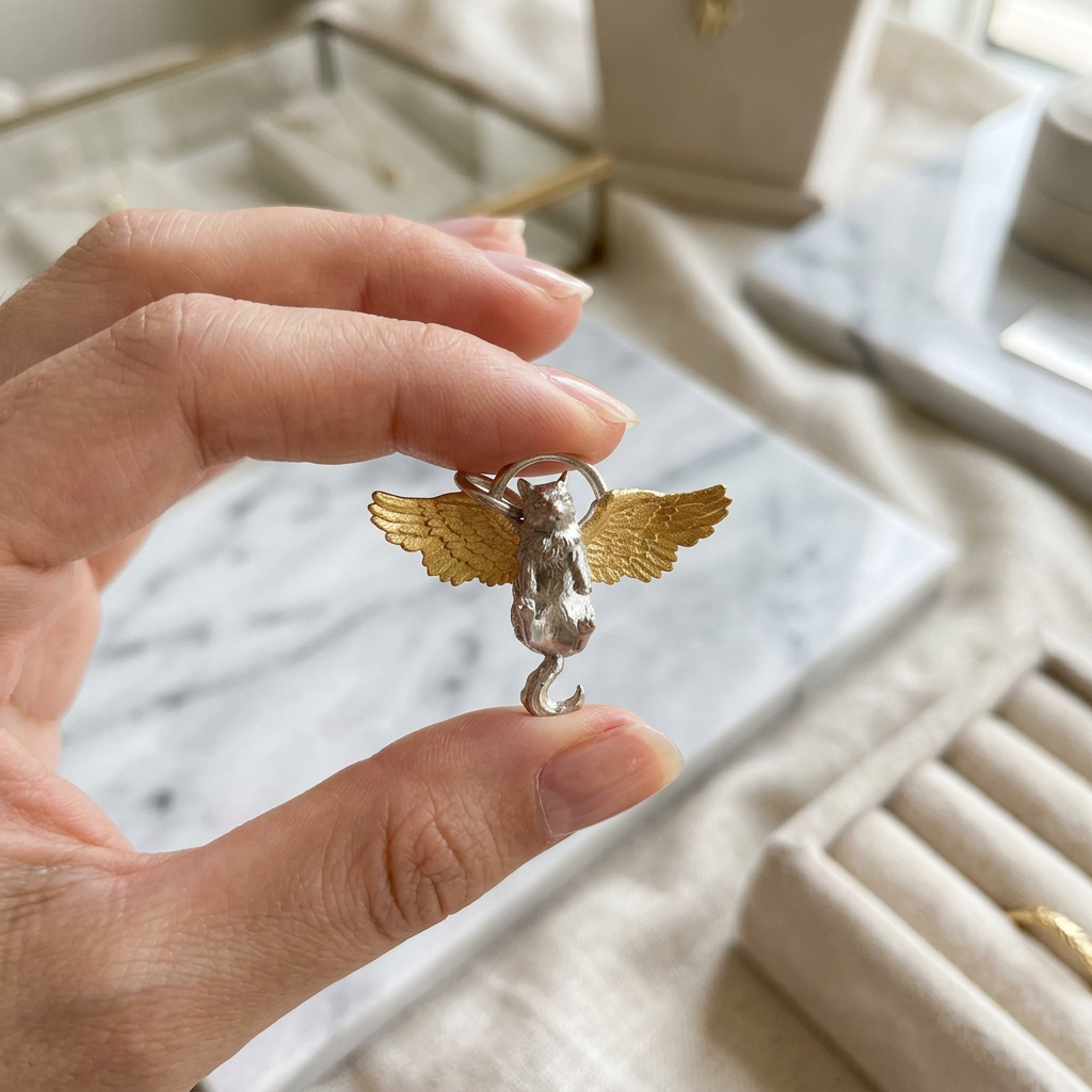 s925 Sterling Silver Flying Wings Cat Pendant and Necklace
