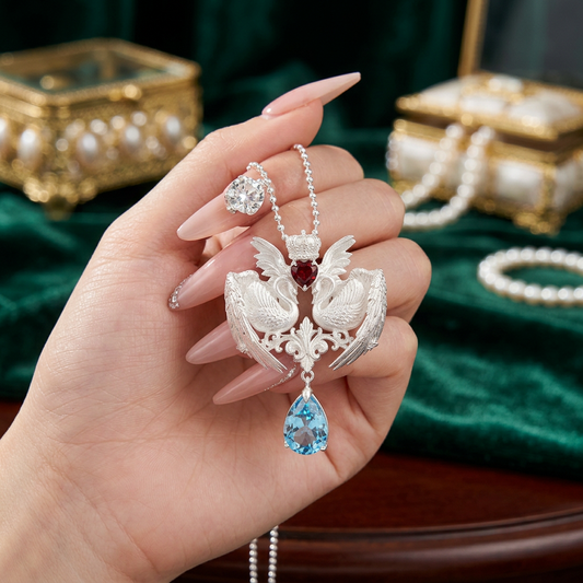 s925 Sterling Silver Swan Pendant Blue Topaz Necklace