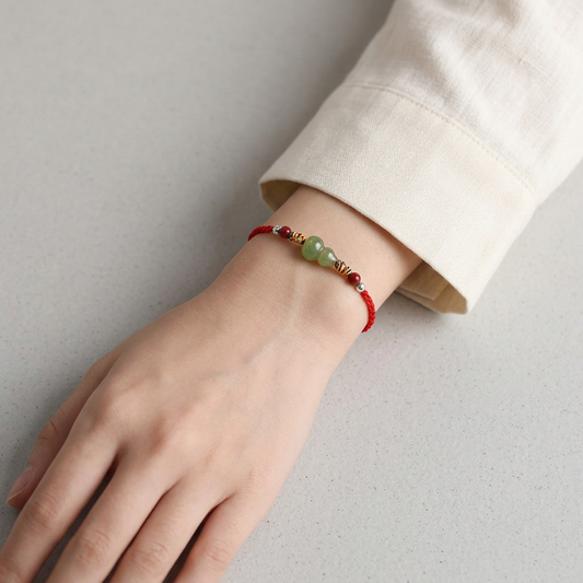 S925 Sterling Silver Natural Hetian Jade Lucky Gourd Beads Cinnabar Woven Cord Anklet Bracelet