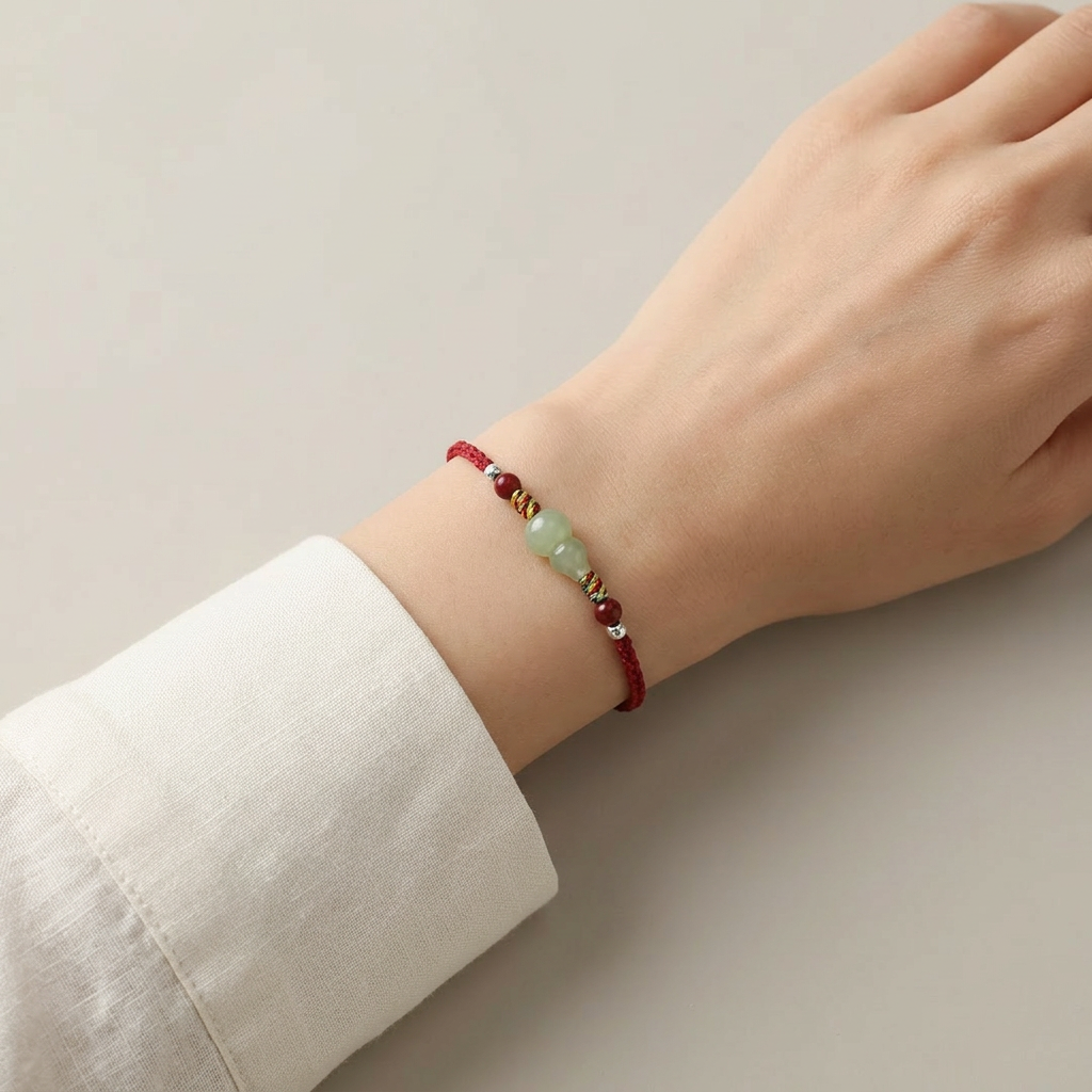 S925 Sterling Silver Natural Hetian Jade Lucky Gourd Beads Cinnabar Woven Cord Anklet Bracelet