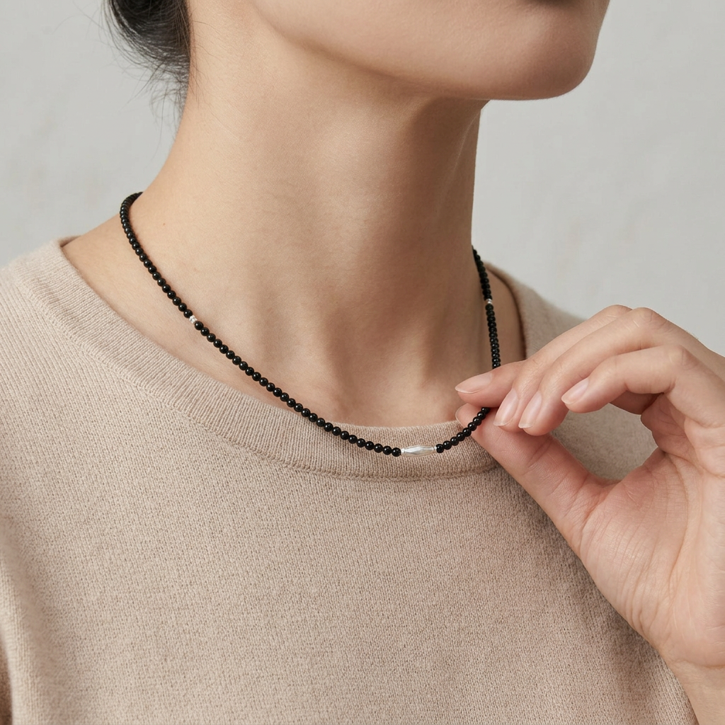 999 Fine Sterling Silver Charms Gourd Minimalist Black Agate Beads Necklace