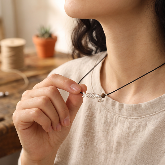 999 Fine Solid Silver Fish Lucky Charm Minimal Style Rope Cord Necklace
