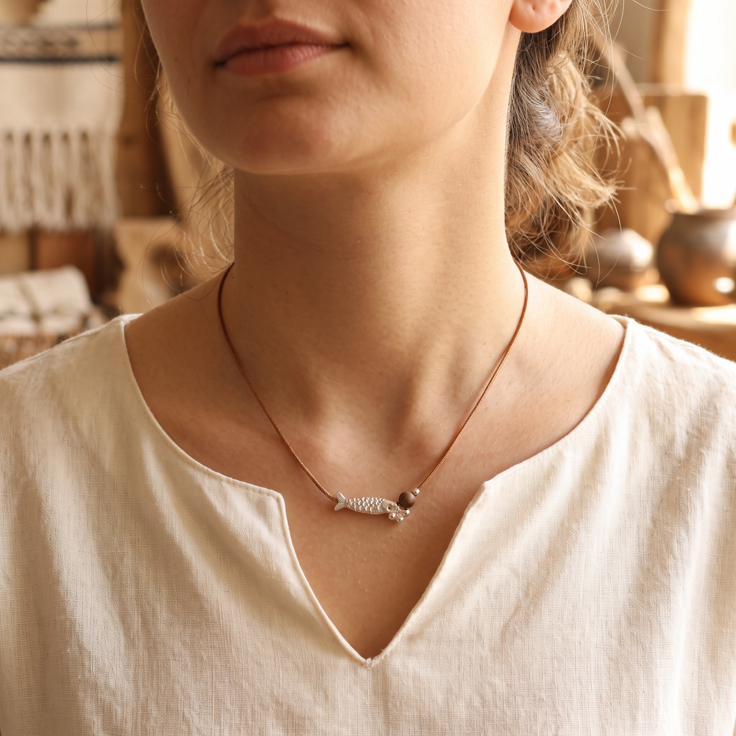 999 Fine Solid Silver Fish Lucky Charm Minimal Style Rope Cord Necklace