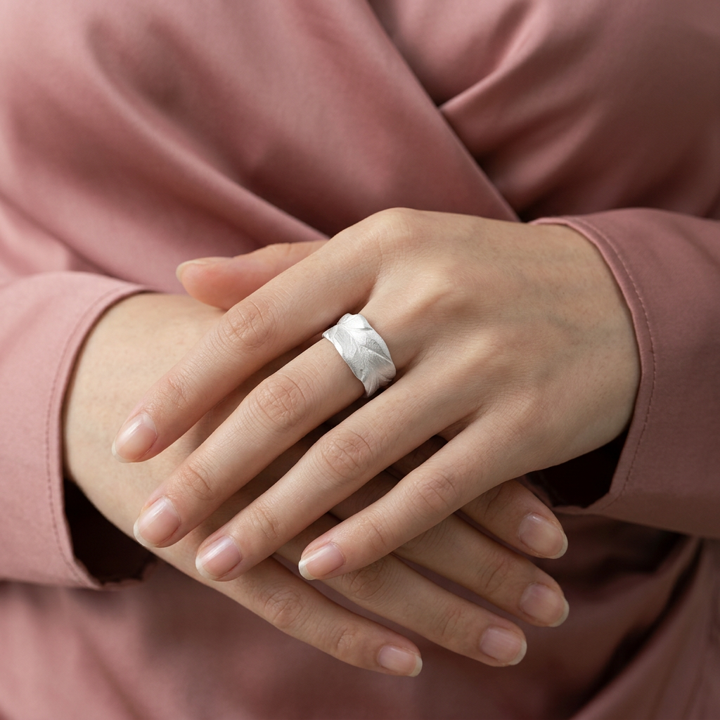 S999 Fine Silver Rustic Leaf Minimalist Unisex Ring