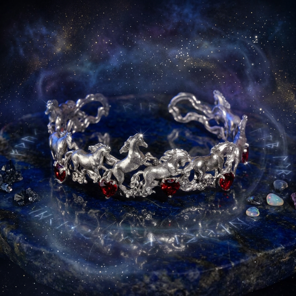 s925 Sterling Silver Red Garnet Horse Cuff Bangle