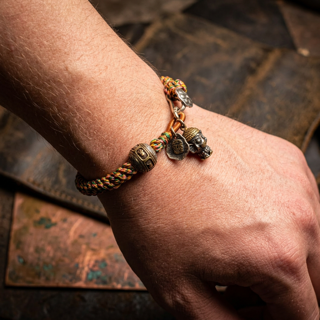Handwoven Tibetan Style Zaki Lhamo s925 Sterling Silver Mantra Beads Ruyi Charm Bracelet