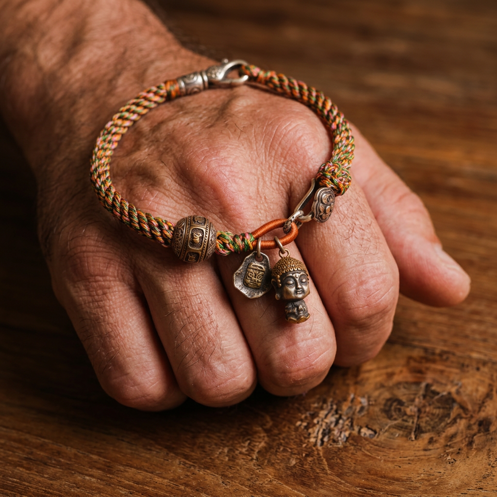 Handwoven Tibetan Style Zaki Lhamo s925 Sterling Silver Mantra Beads Ruyi Charm Bracelet