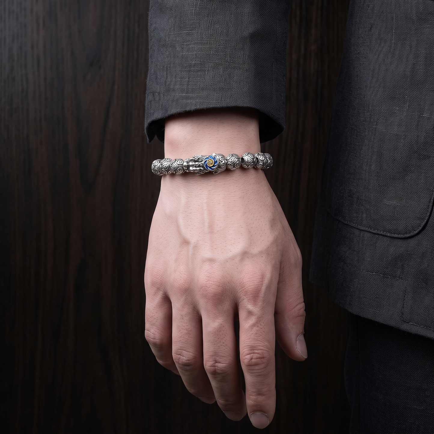 999 Fine Silver Pixiu Wealth Coin Feng Shui Charm Beads Bracelet Unisex Men and Women