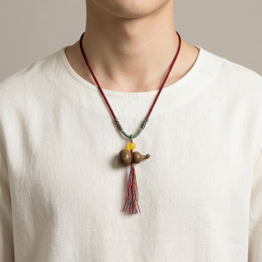 S925 Sterling Silver Charms Natural Green Sandalwood Gourd Pendant Yellow Agate Bead Cord Necklace