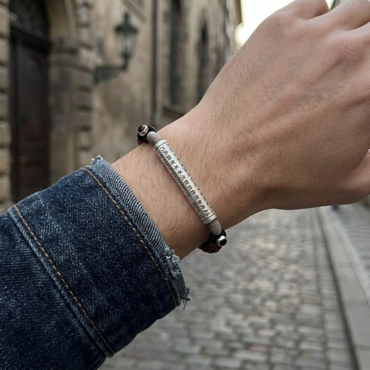 999 Fine Silver Curved tube Heart Sutra Charm Tibetan-style Weaving Unisex Bracelet