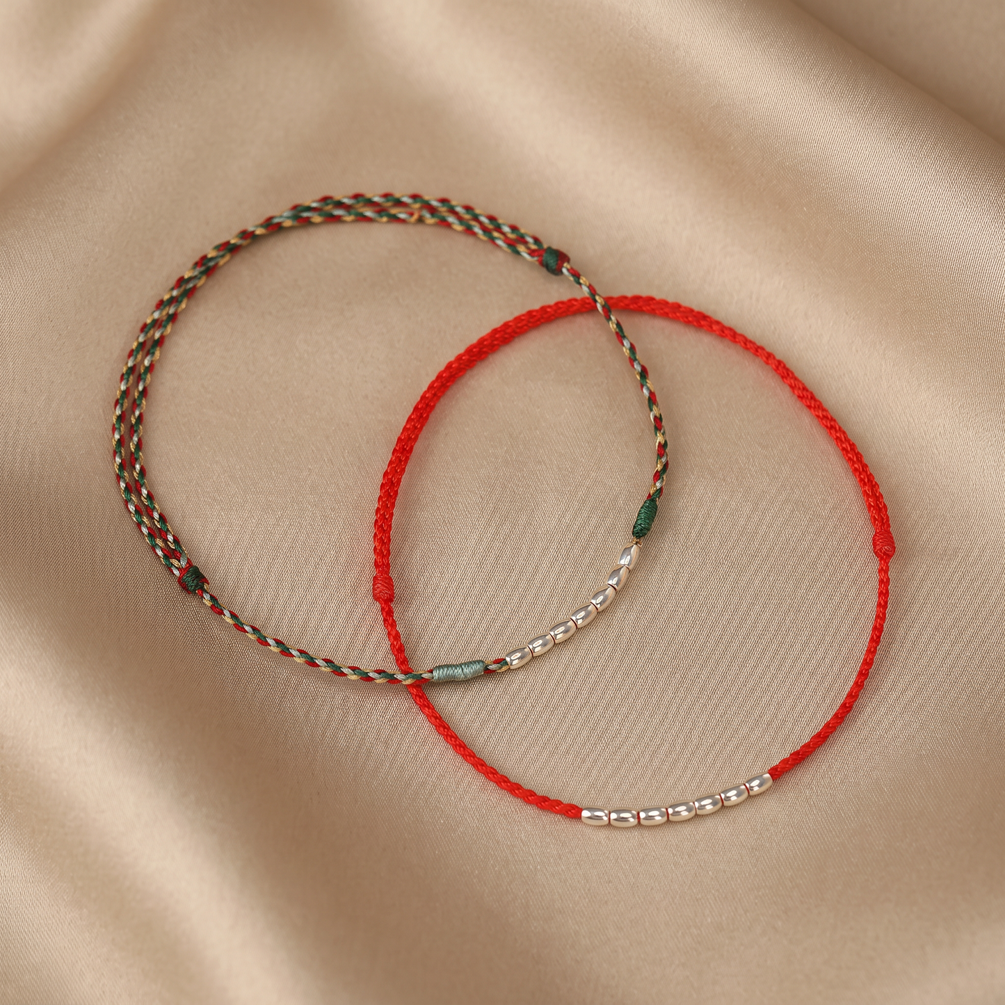 s925 Sterling Silver Rice Beads Red String Anklet Lucky Fortune Bead