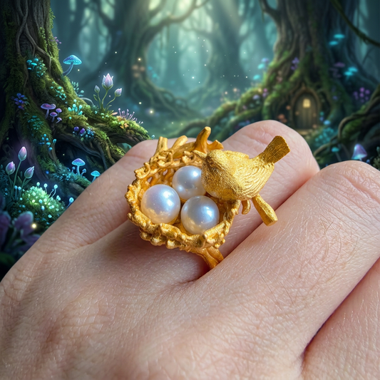 s925 Sterling Silver Unique Bird Pearl Nest Ring