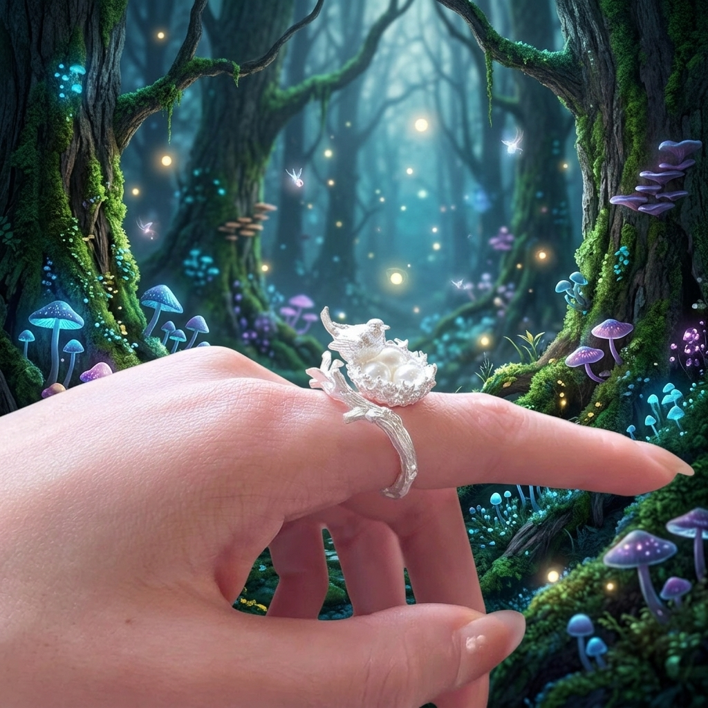 s925 Sterling Silver Unique Bird Pearl Nest Ring