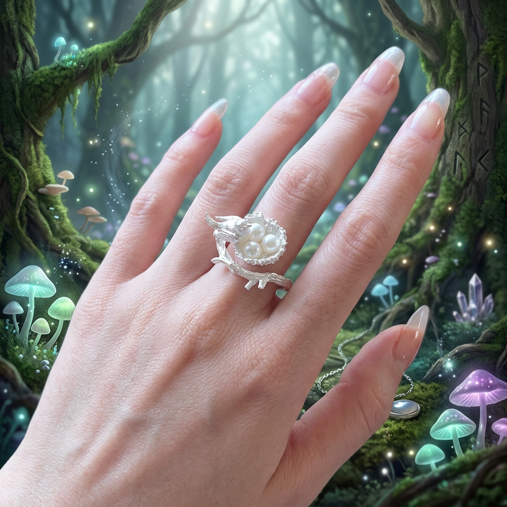 s925 Sterling Silver Unique Bird Pearl Nest Ring