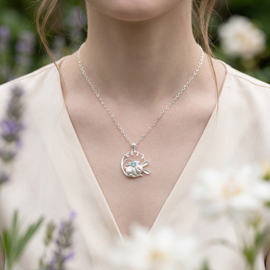 s925 Sterling Silver Cute Sleeping Bunny Rabbit Bluebell Flower Pendant Necklace