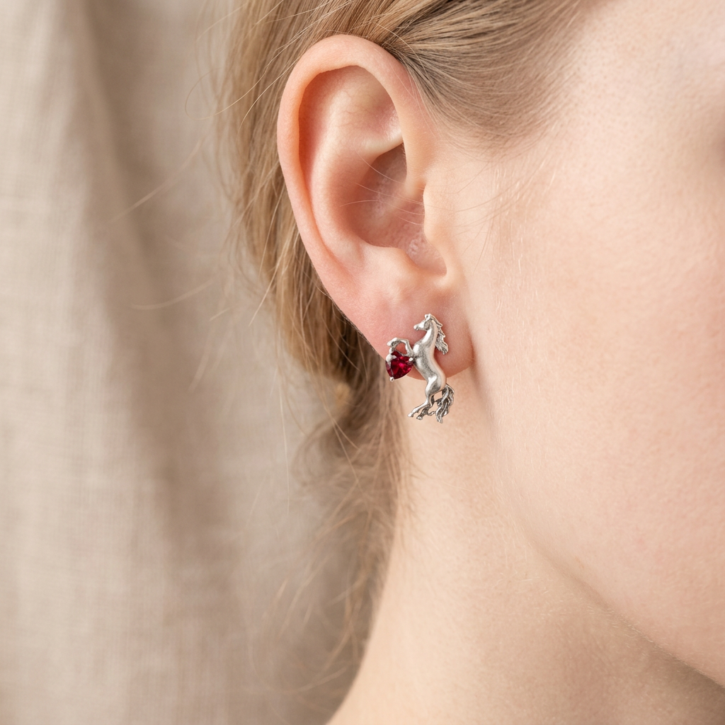 s925 Sterling Silver Inlaid with Garnet Horse Stud Earrings