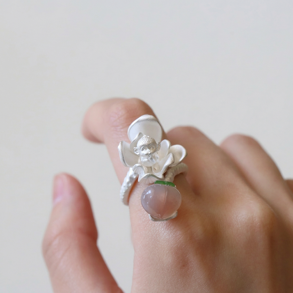 s925 Sterling Silver Open Band Monkey and Peach Ring