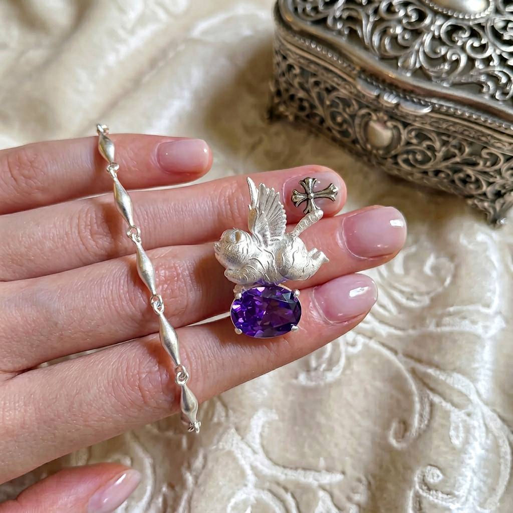 s925 Sterling Silver Unique Flying Wing Tiger Amethyst. Swiss Blue Topaz Pendant Necklace