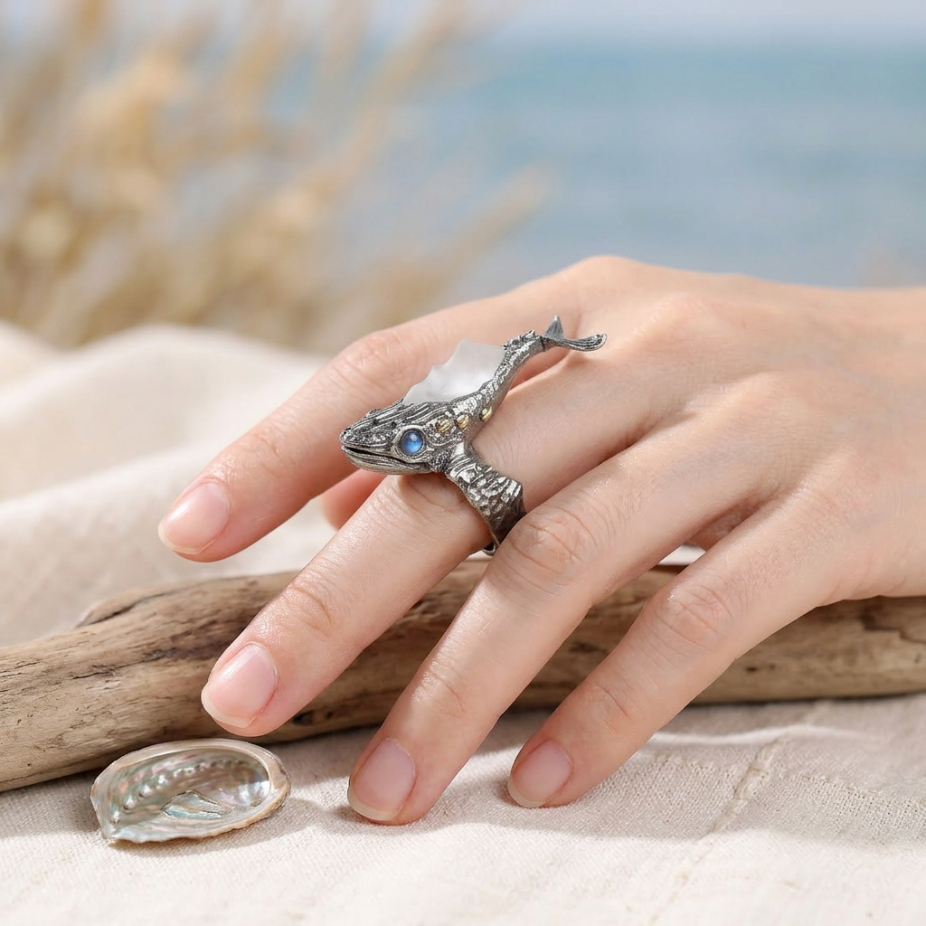 s925 Sterling Silver Unique White Crystal Whale Open Movable Ring