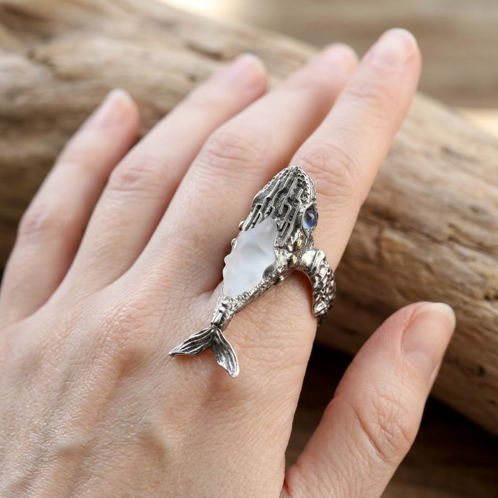 s925 Sterling Silver Unique White Crystal Whale Open Movable Ring