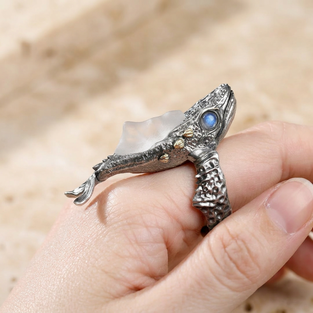 s925 Sterling Silver Unique White Crystal Whale Open Movable Ring