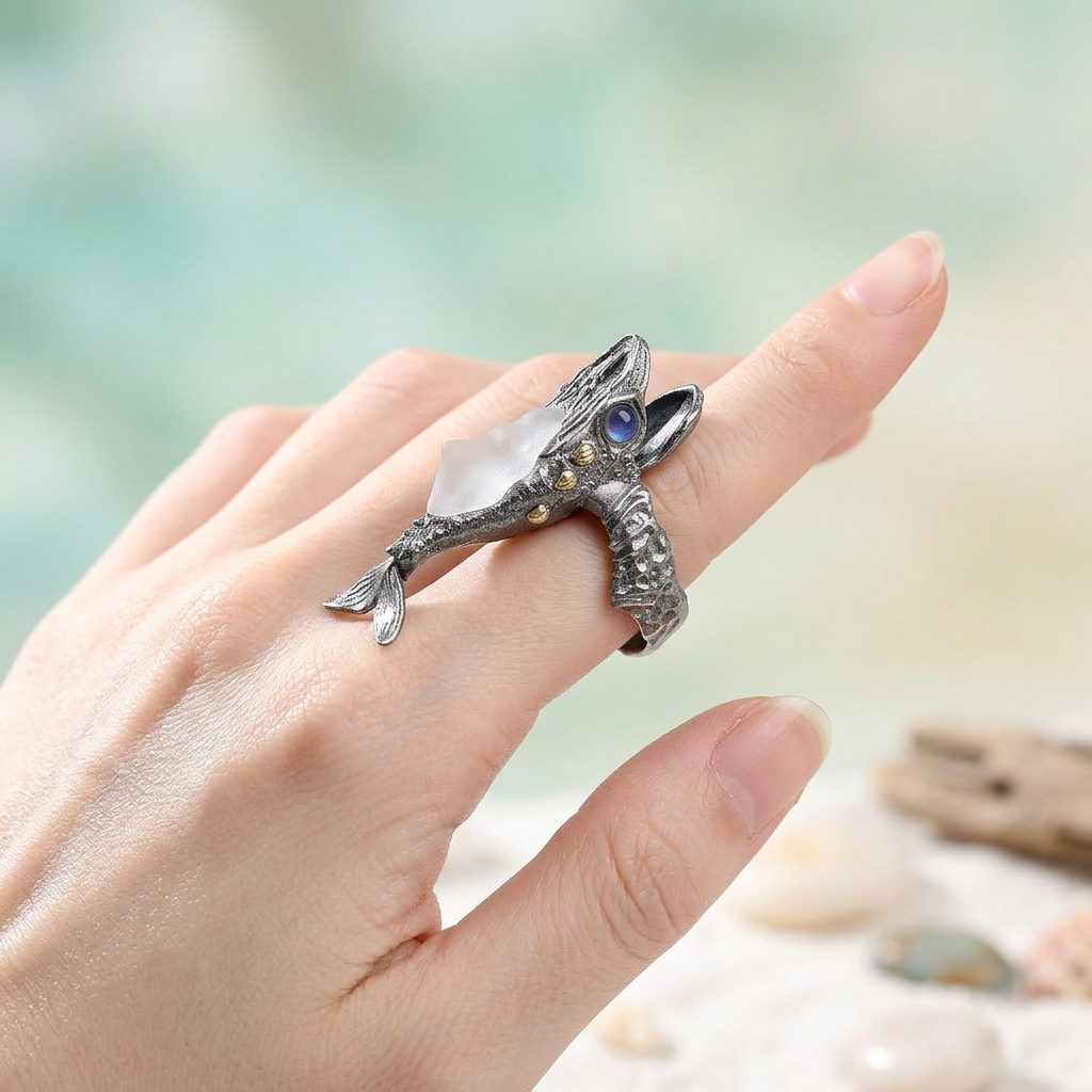 s925 Sterling Silver Unique White Crystal Whale Open Movable Ring