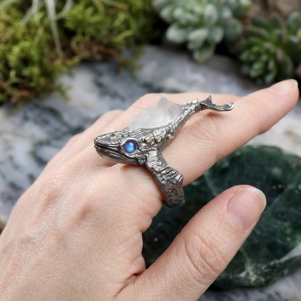 s925 Sterling Silver Unique White Crystal Whale Open Movable Ring