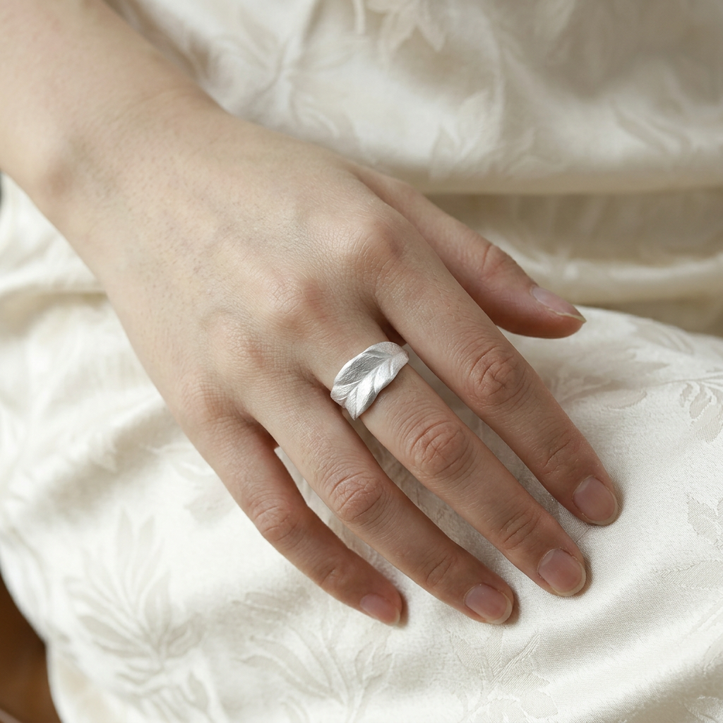 S999 Fine Silver Rustic Leaf Minimalist Unisex Ring
