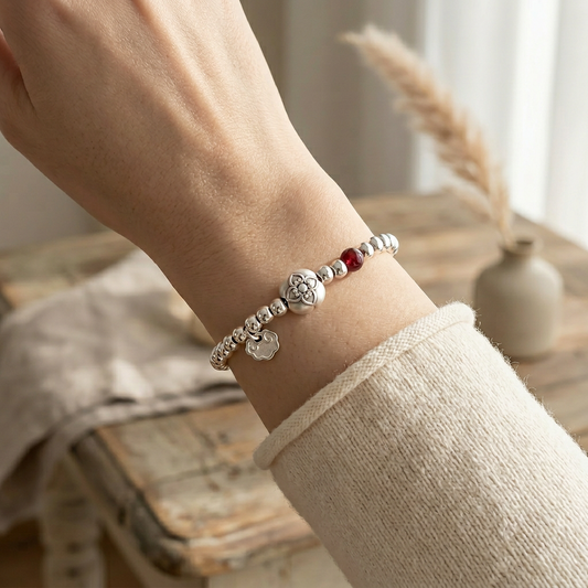999 Fine Silver Minimal Persimmon Fortune Charm Beads Bracelet