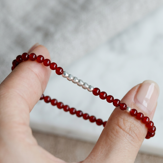 s925 Sterling Silver Sparkling Disco-Beads Natural Red Agate Stackable Bracelet