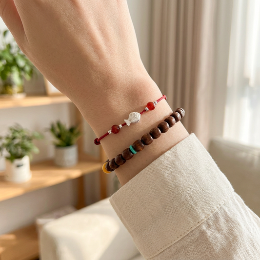 999 Fine Silver Lucky Koi Fish Charm Red Agate Cord Bracelet