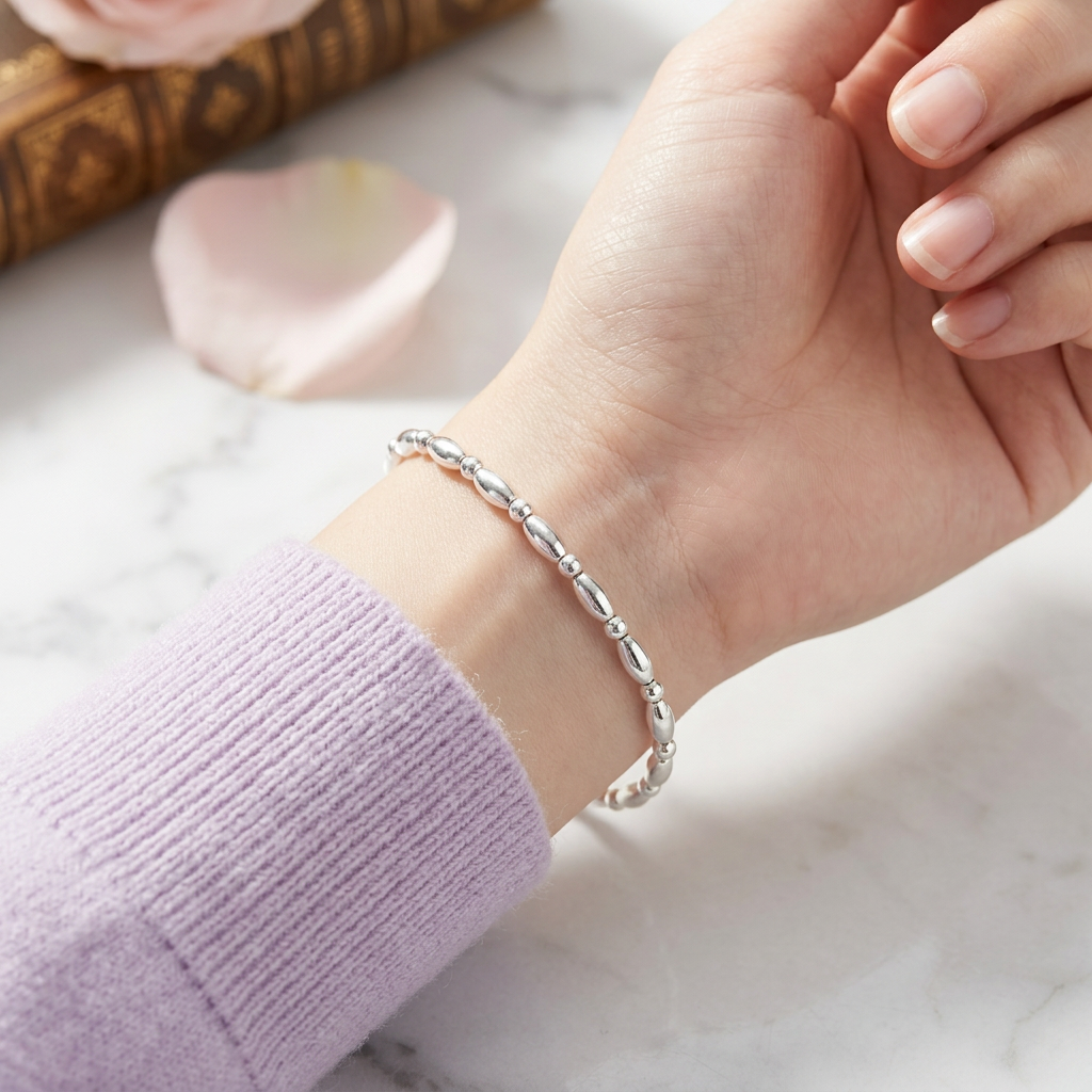 s925 Sterling Silver Rice Beads Minimal Minimalist Daily Style Bracelet