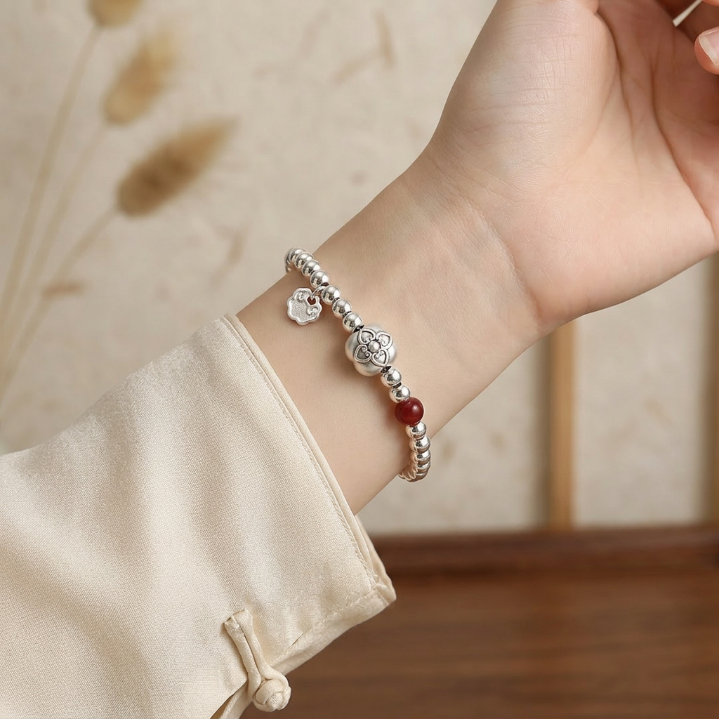 999 Fine Silver Minimal Persimmon Fortune Charm Beads Bracelet