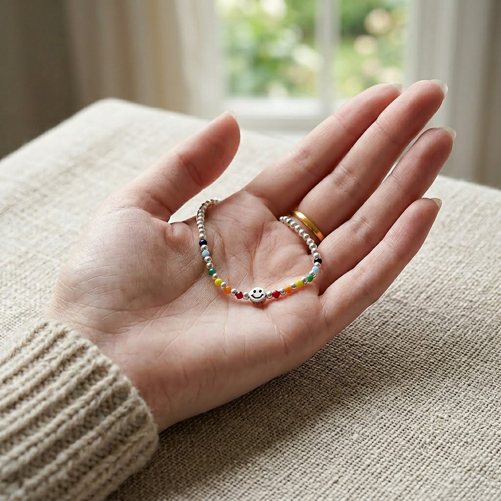 s925 Sterling Silver Rainbow Smiley Happy Face Beaded Stacking Bracelet