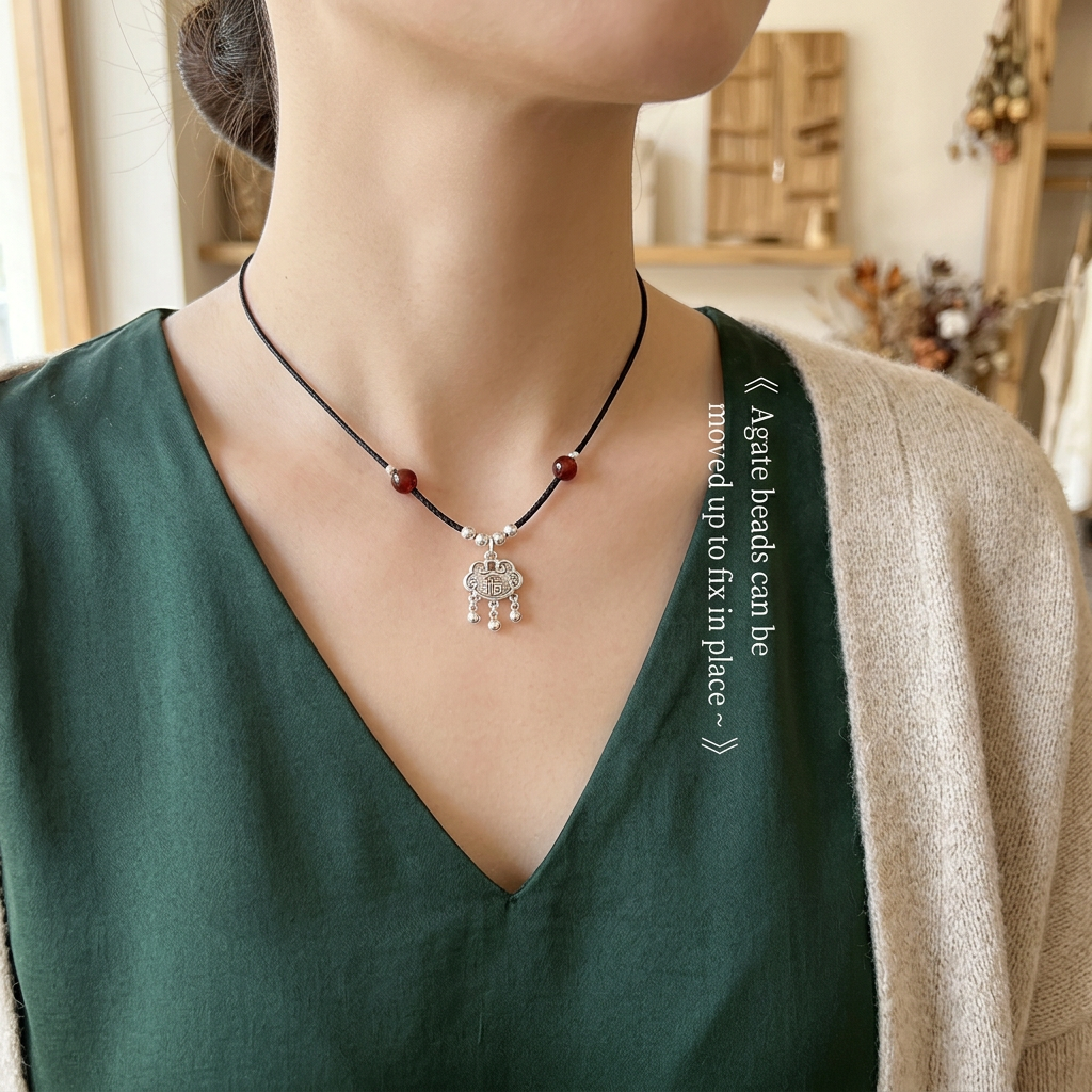 999 Fine Solid Silver Longevity Fortune Lock Agate Beads Charm Cord Necklace