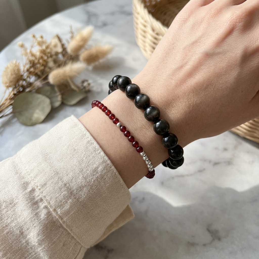 s925 Sterling Silver Sparkling Disco-Beads Natural Red Agate Stackable Bracelet
