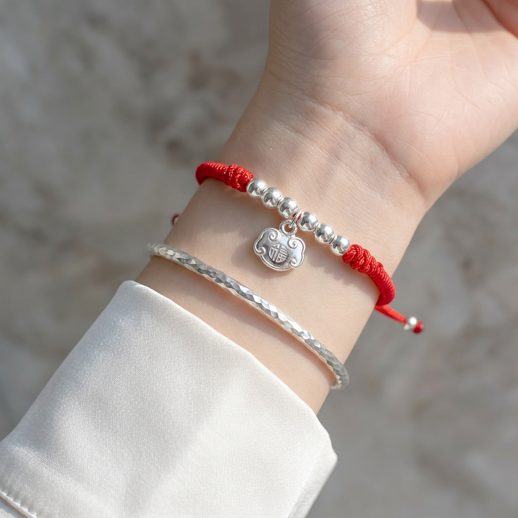 999 Fine Solid Silver Ruyi Fortune Lock Charm Weaving Cord Bracelet